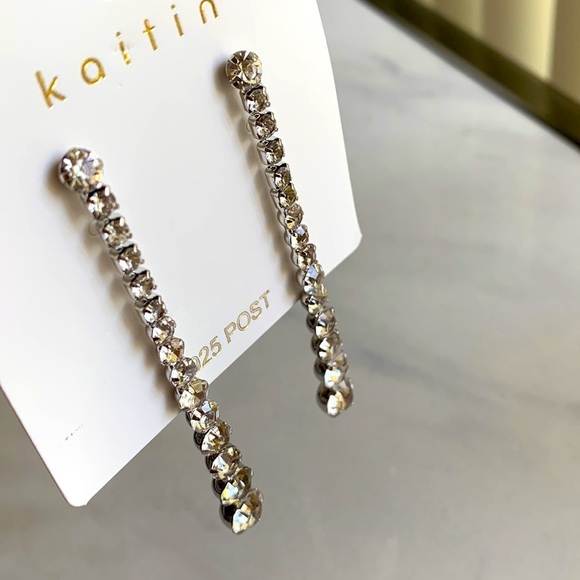 Long Rhinestone Silver Tone Earrings - Picture 3 of 8